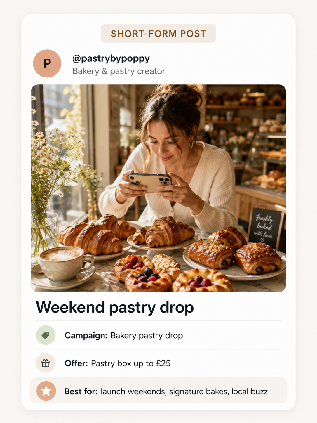 Local creator photographing a pastry box in a London bakery