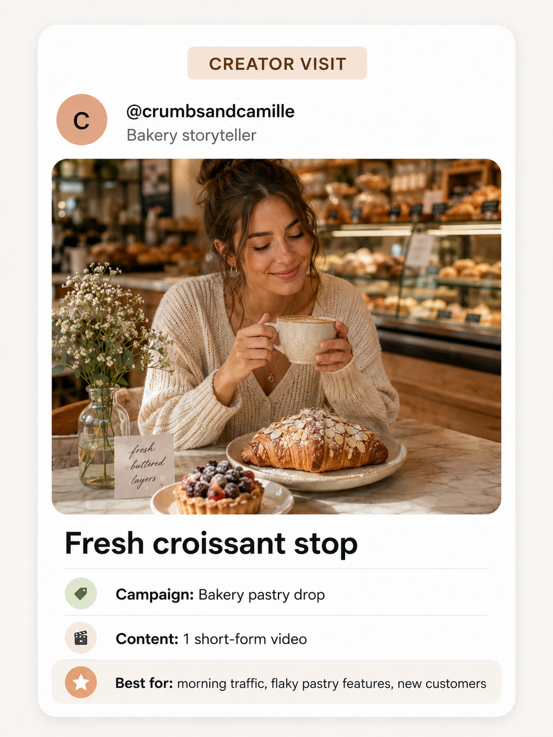Friends sharing pastries during a bakery creator visit