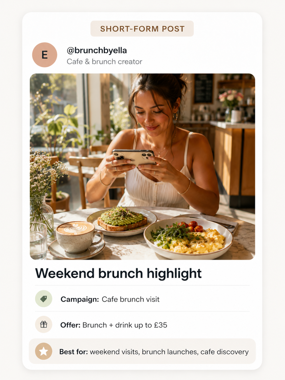 Creator social content card for a local cafe brunch collaboration