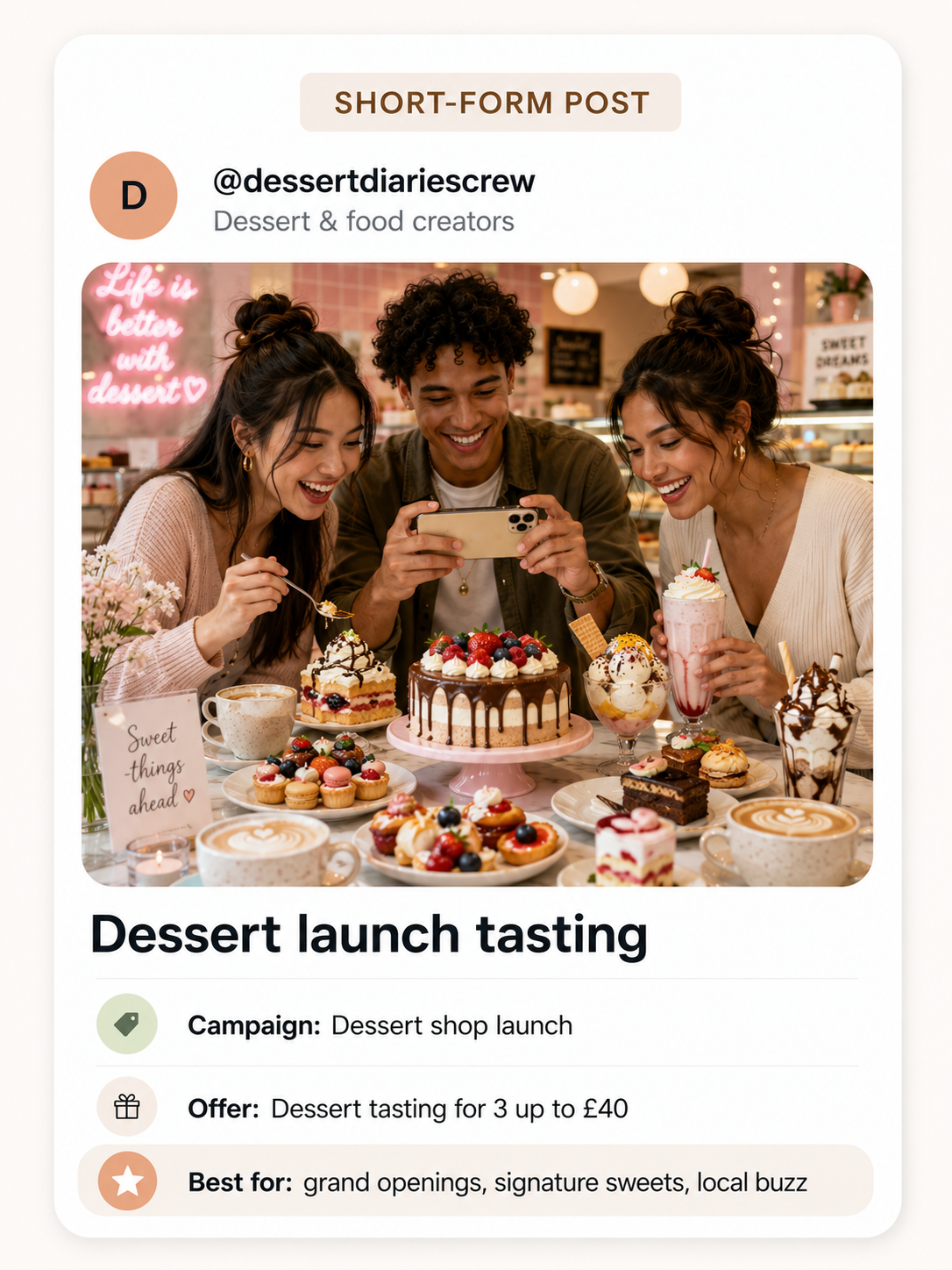 Local creator filming a dessert launch in a London dessert shop