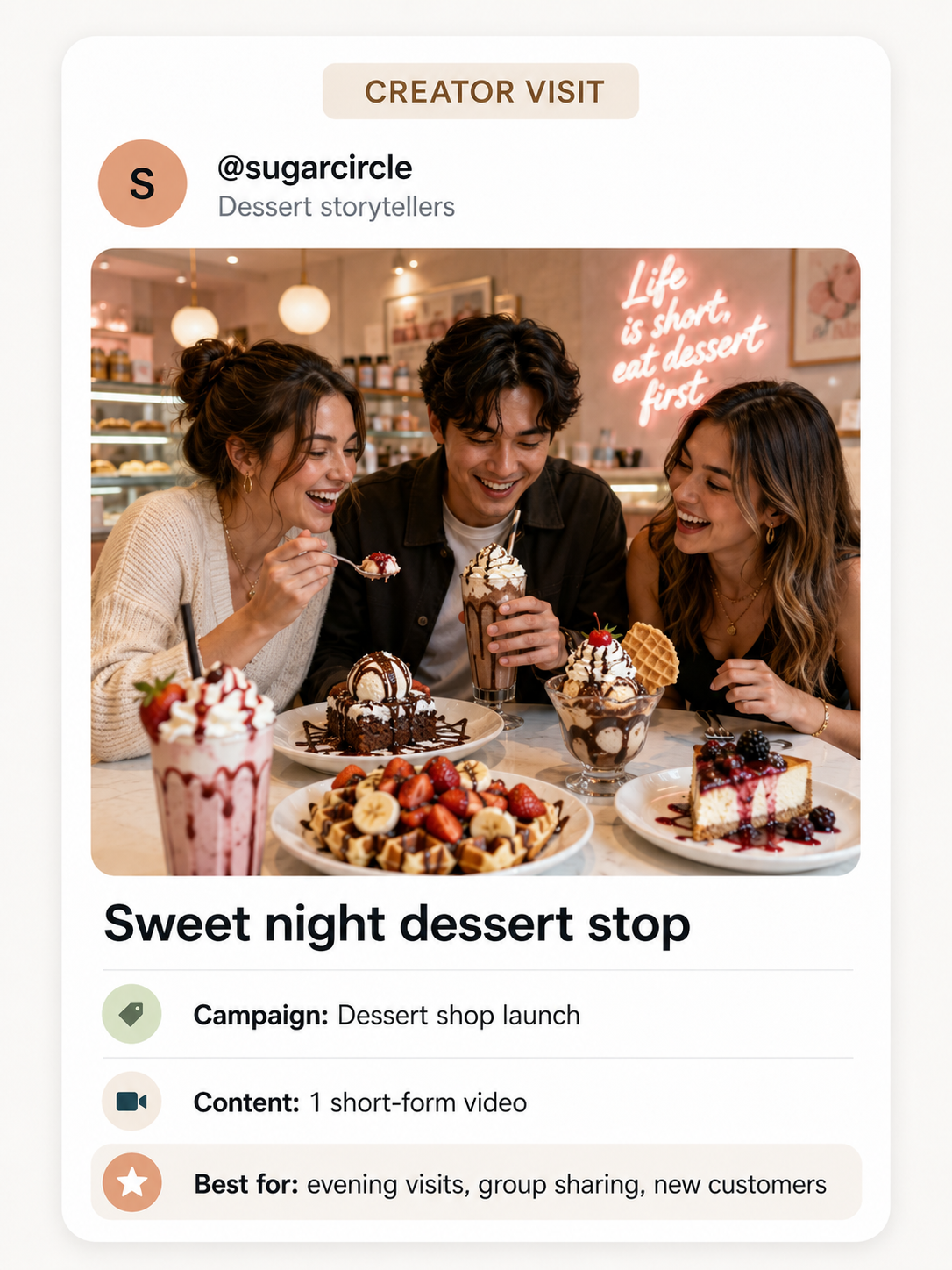 Friends sharing sweet treats during a dessert shop creator visit