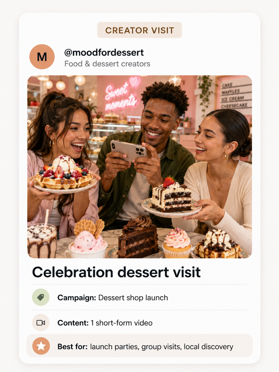Friends sharing sweet treats during a dessert shop creator visit