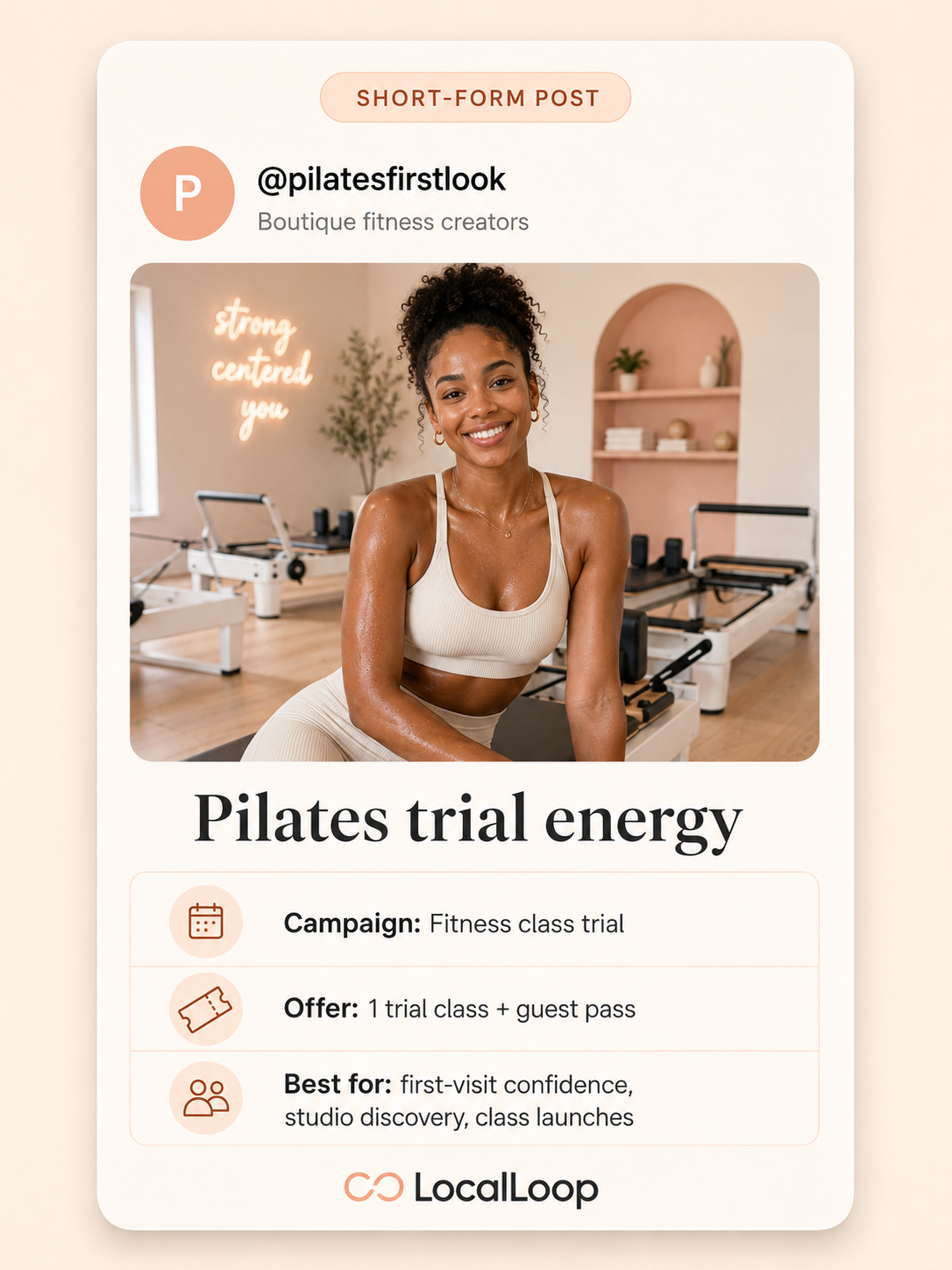 Fitness creator content card for a boutique studio trial class