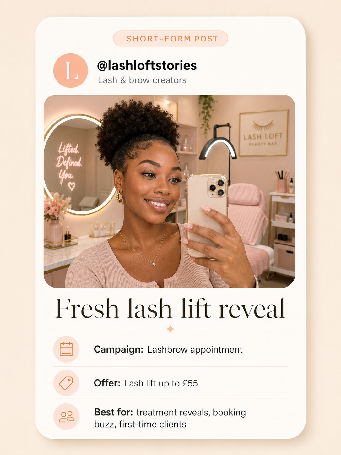 Creator reviewing a lash and brow appointment in London