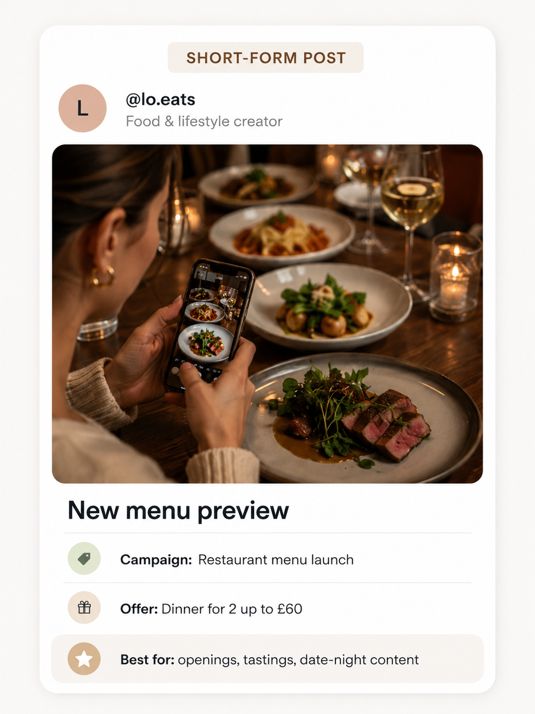 Food creator filming a restaurant menu launch